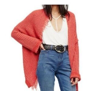 Free People I’ll Be Around Coral Orange Fringe Trim Knit Cardigan Sweater Size S